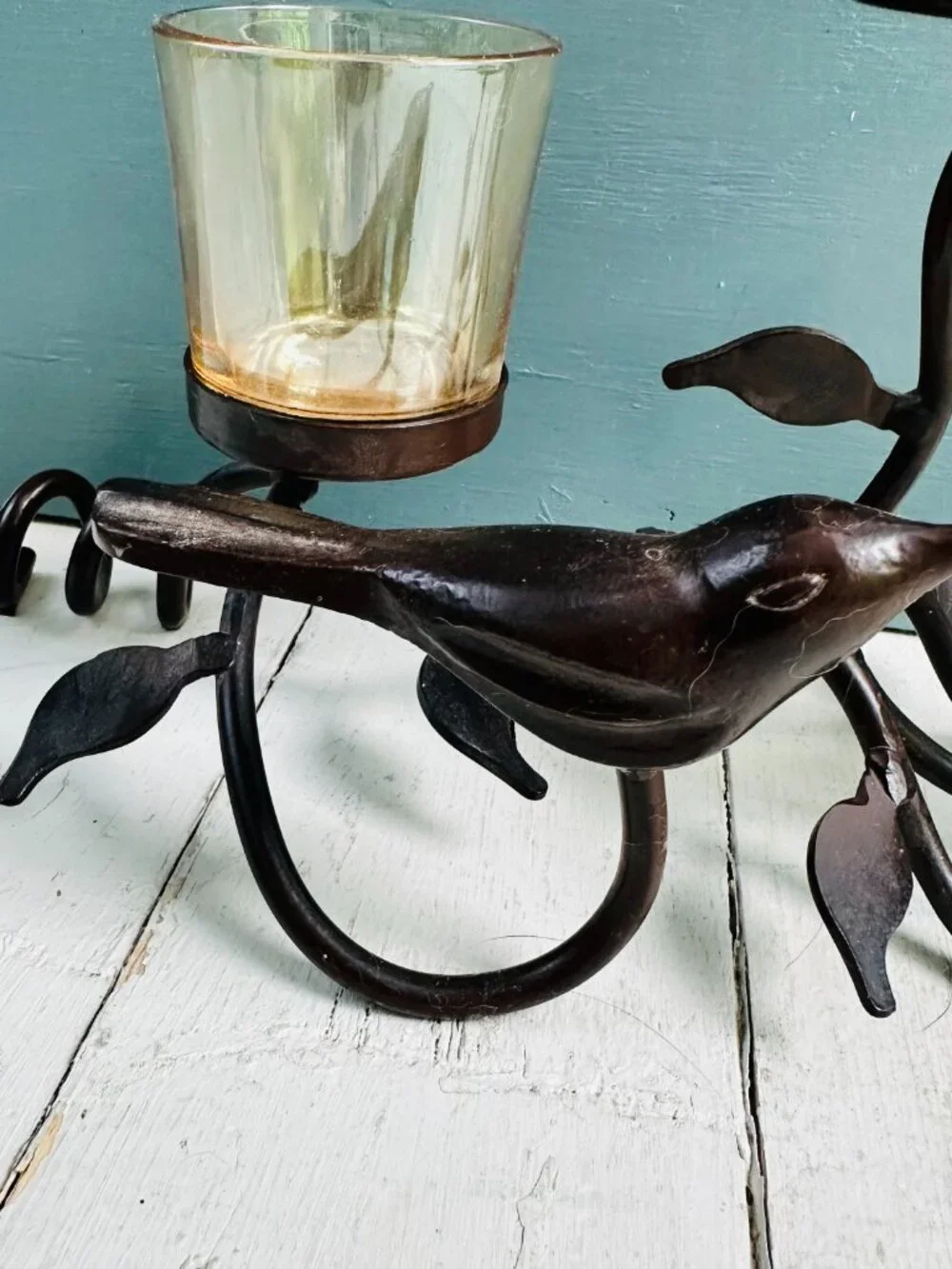 Vintage Pier 1 Metal Bird Candle Holder Triple Votive Centerpiece Wrought Iron